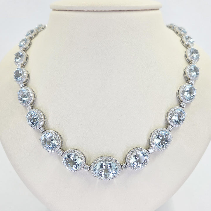 14K White Gold Aquamarine & Diamond Halo Necklace