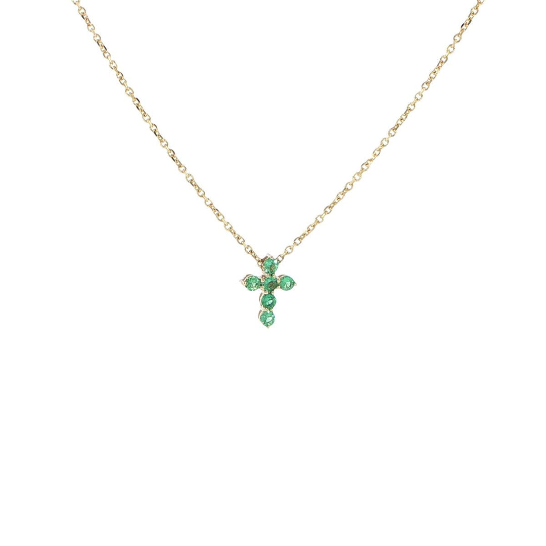 14K Yellow Gold Emerald Cross Necklace