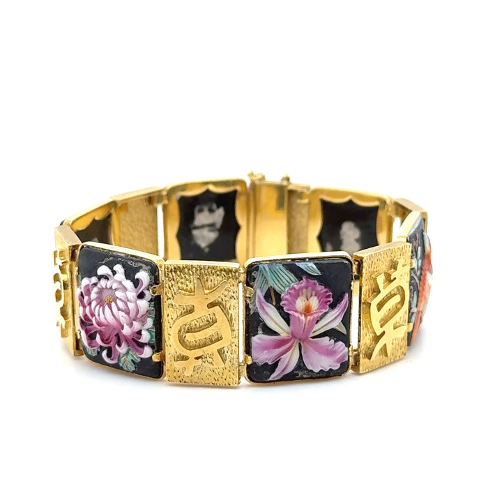 18K Yellow Gold Japanese Kanji Enamel Bracelet