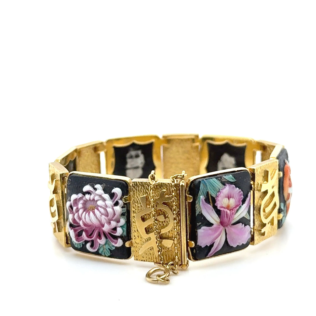 18K Yellow Gold Japanese Kanji Enamel Bracelet