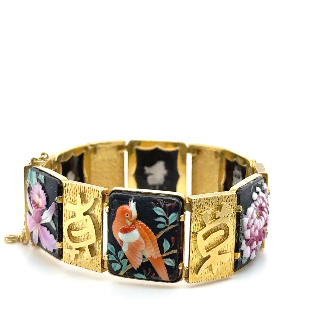 18K Yellow Gold Japanese Kanji Enamel Bracelet