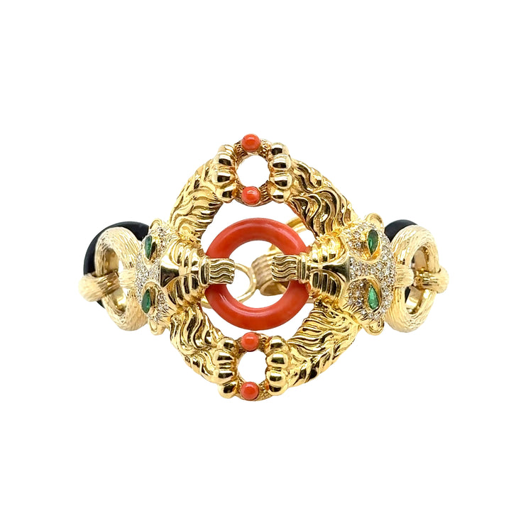 14K Yellow Gold Panther Symmetrical Bracelet - Coral Black Onyx Pear Emerald