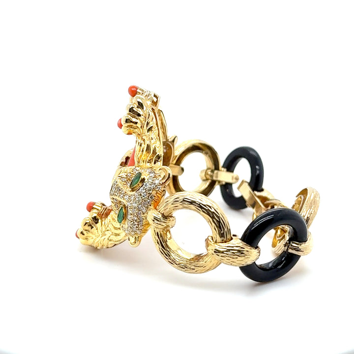 14K Yellow Gold Panther Symmetrical Bracelet - Coral Black Onyx Pear Emerald