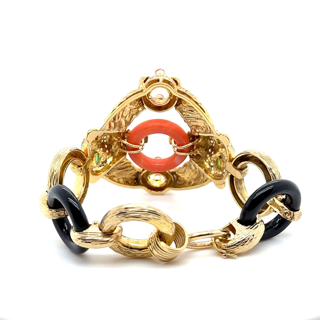 14K Yellow Gold Panther Symmetrical Bracelet - Coral Black Onyx Pear Emerald