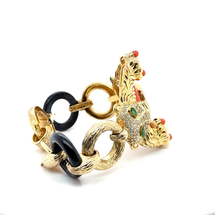 14K Yellow Gold Panther Symmetrical Bracelet - Coral Black Onyx Pear Emerald