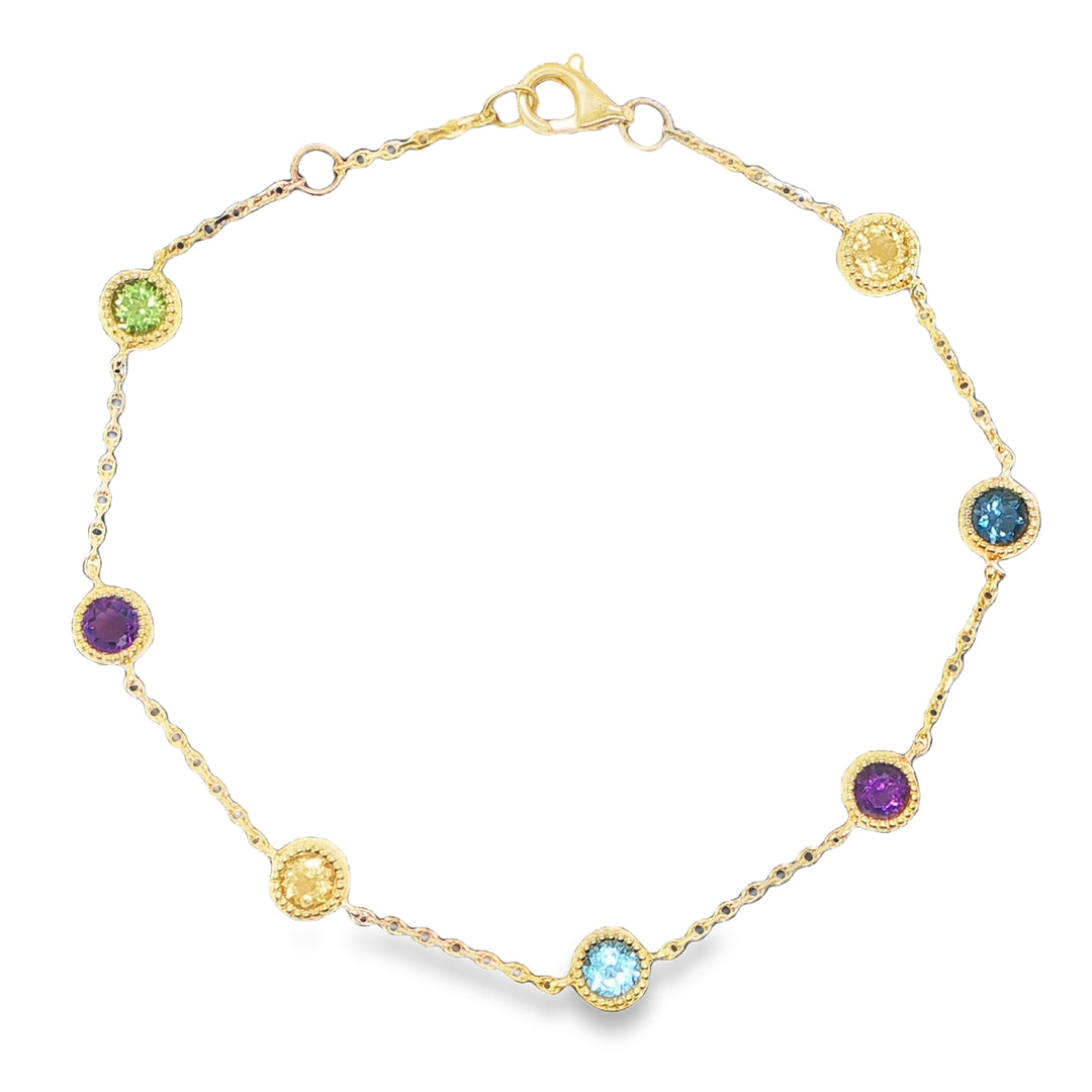 14K Yellow Gold Multicolor Gemstone Bezel Bracelet
