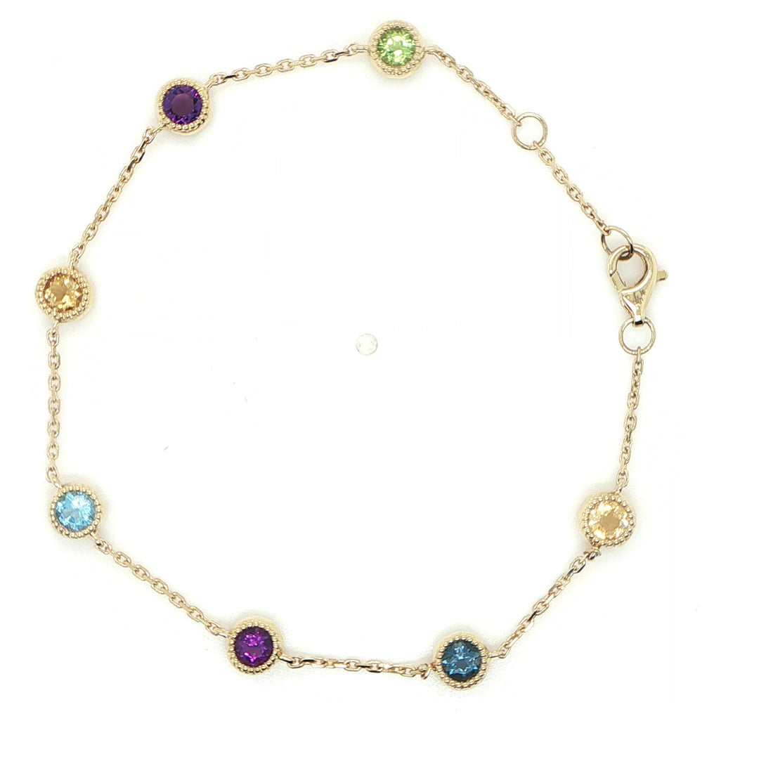 14K Yellow Gold Multicolor Gemstone Bezel Bracelet