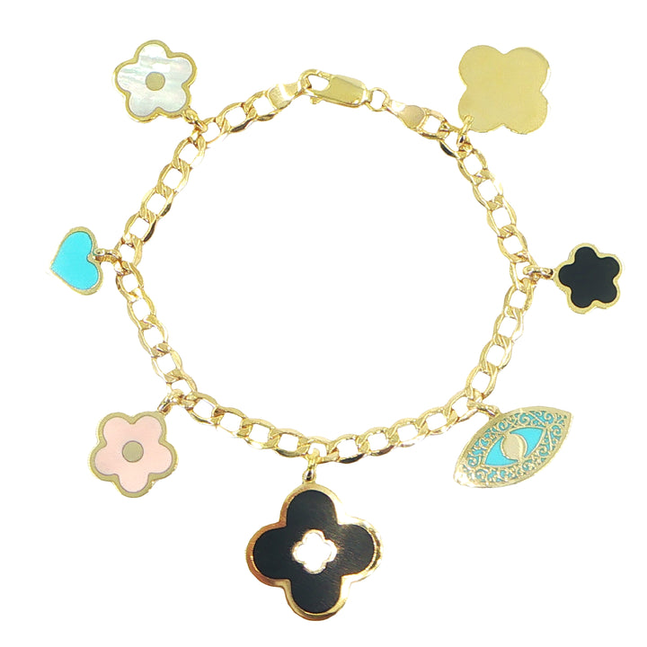 14K Yellow Gold Charm Bracelet – Heart, Flower & Eye Motifs 7"