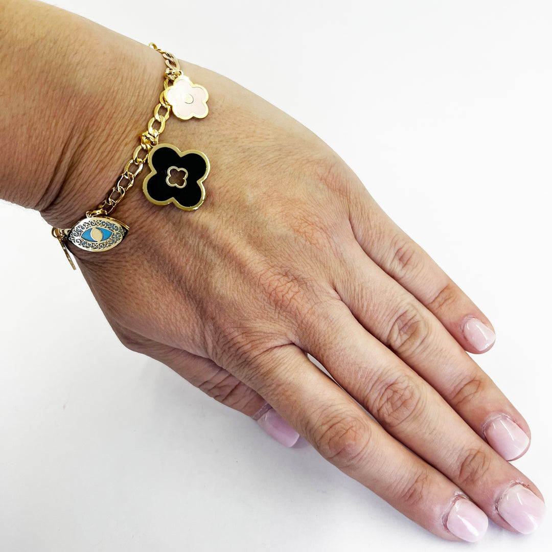 14K Yellow Gold Charm Bracelet – Heart, Flower & Eye Motifs 7"