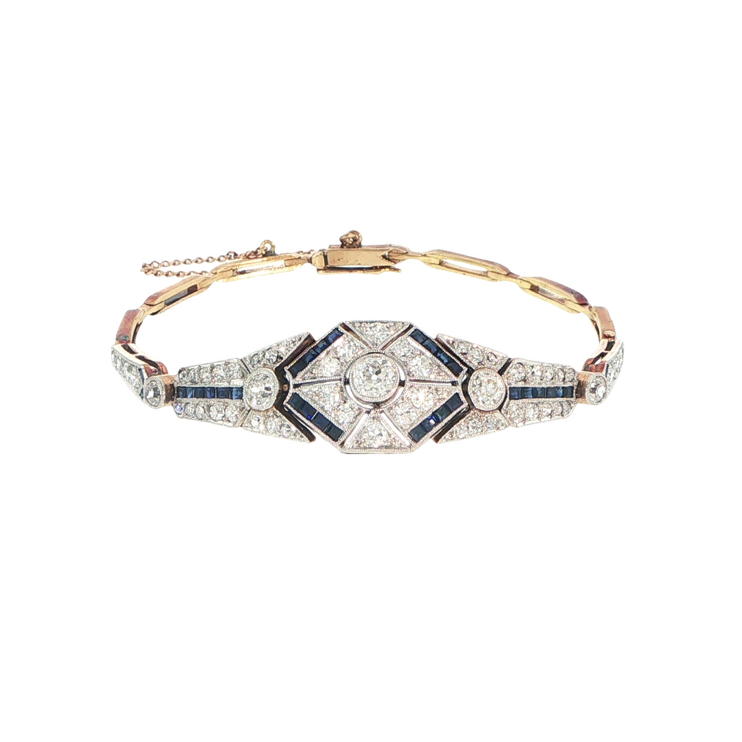 18K Yellow & White Gold Art Deco Diamond and Sapphire Bracelet