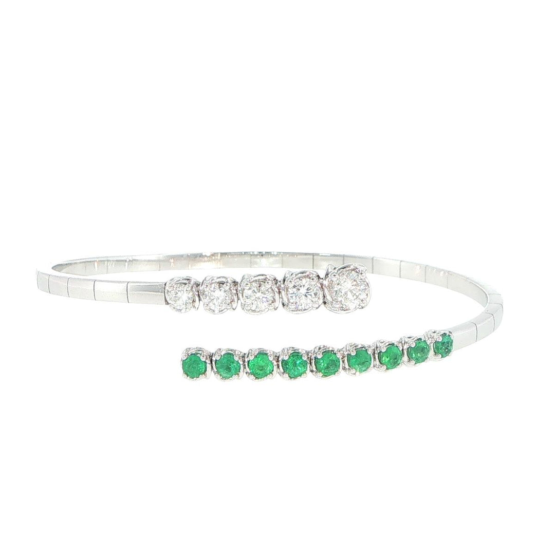 18K White Gold Diamond & Emerald Coil Bangle Bracelet