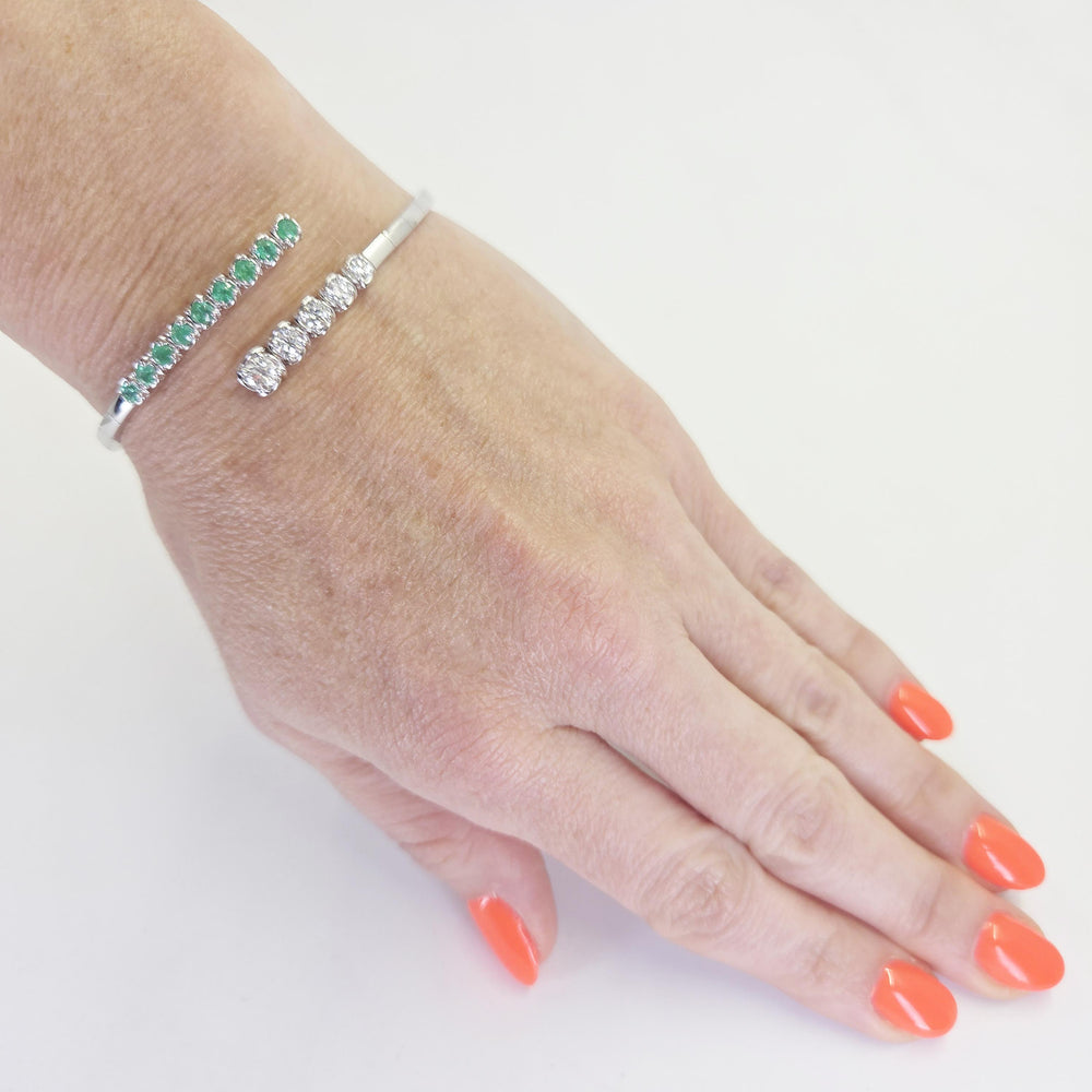 18K White Gold Diamond & Emerald Coil Bangle Bracelet