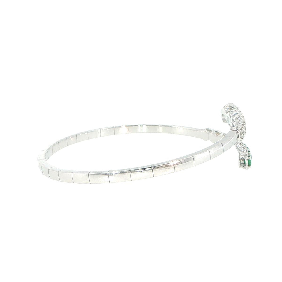18K White Gold Diamond & Emerald Coil Bangle Bracelet