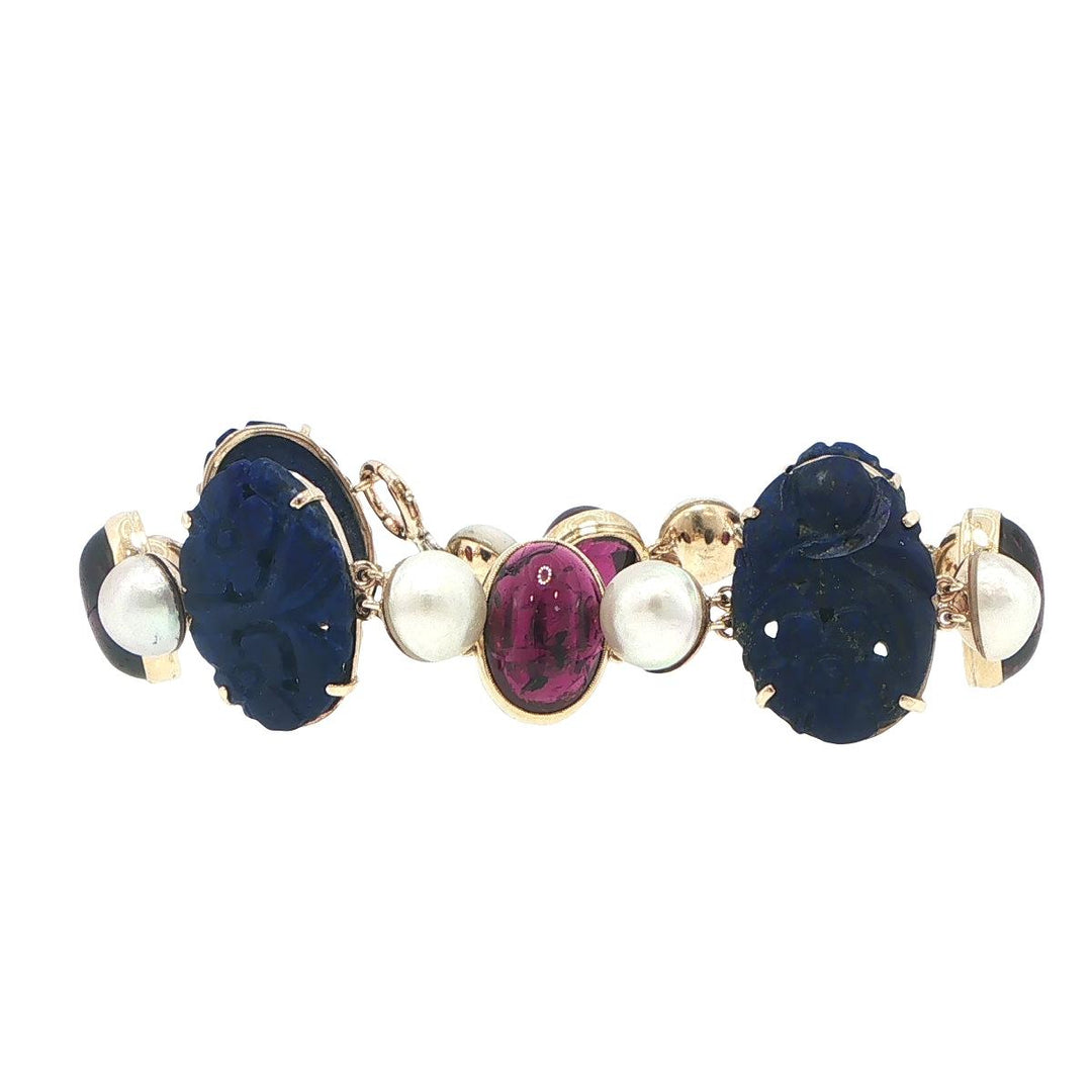 Antique 14K Yellow Gold Carved Lapis, Cultured Pearl & Pink Tourmaline Bracelet