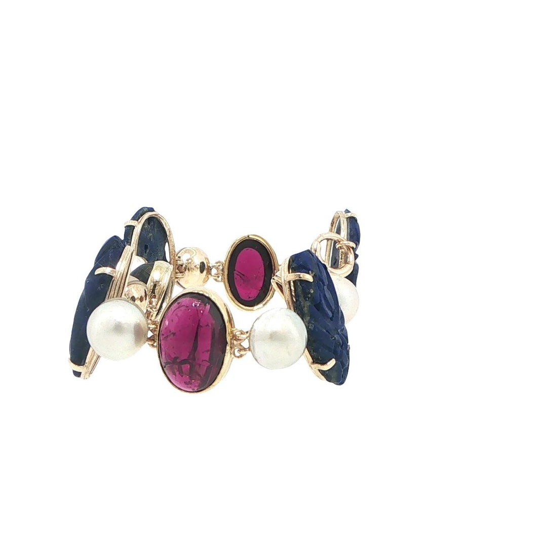 Antique 14K Yellow Gold Carved Lapis, Cultured Pearl & Pink Tourmaline Bracelet