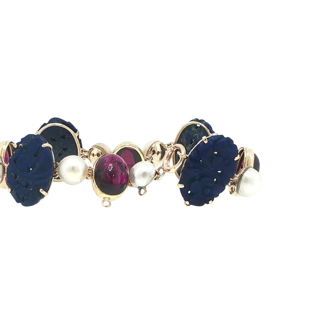 Antique 14K Yellow Gold Carved Lapis, Cultured Pearl & Pink Tourmaline Bracelet