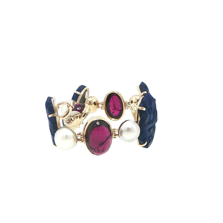 Antique 14K Yellow Gold Carved Lapis, Cultured Pearl & Pink Tourmaline Bracelet