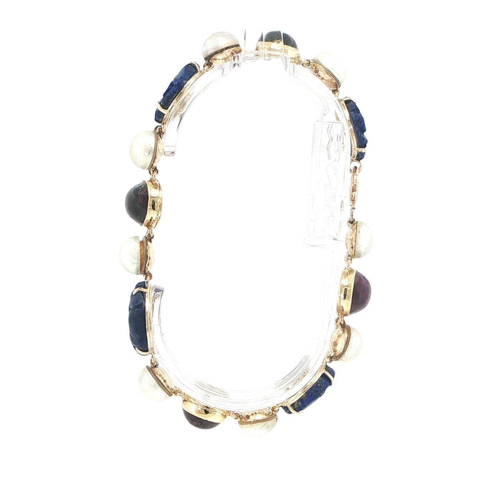Antique 14K Yellow Gold Carved Lapis, Cultured Pearl & Pink Tourmaline Bracelet