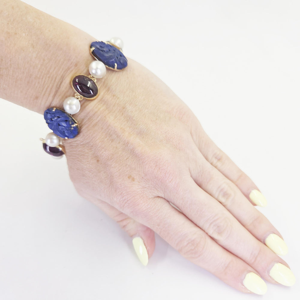 Antique 14K Yellow Gold Carved Lapis, Cultured Pearl & Pink Tourmaline Bracelet
