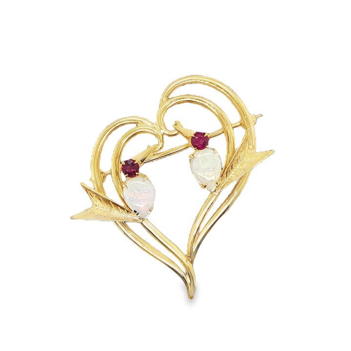 14K Yellow Gold Opal & Ruby Love Bird Heart Pin