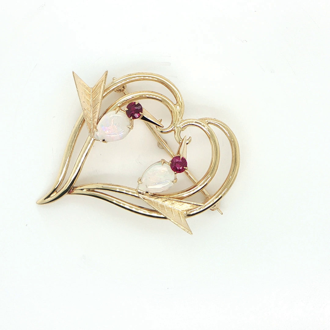 14K Yellow Gold Opal & Ruby Love Bird Heart Pin