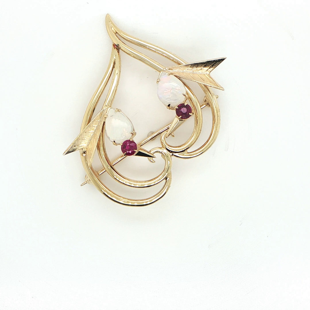 14K Yellow Gold Opal & Ruby Love Bird Heart Pin
