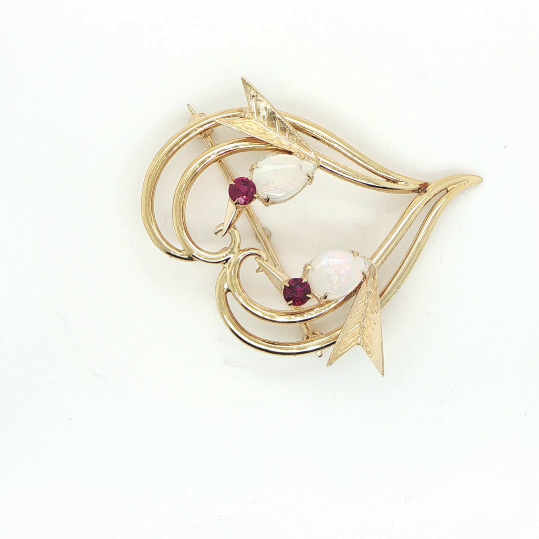 14K Yellow Gold Opal & Ruby Love Bird Heart Pin
