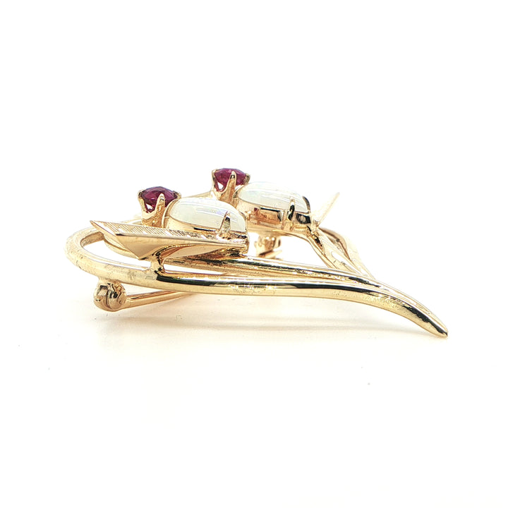 14K Yellow Gold Opal & Ruby Love Bird Heart Pin