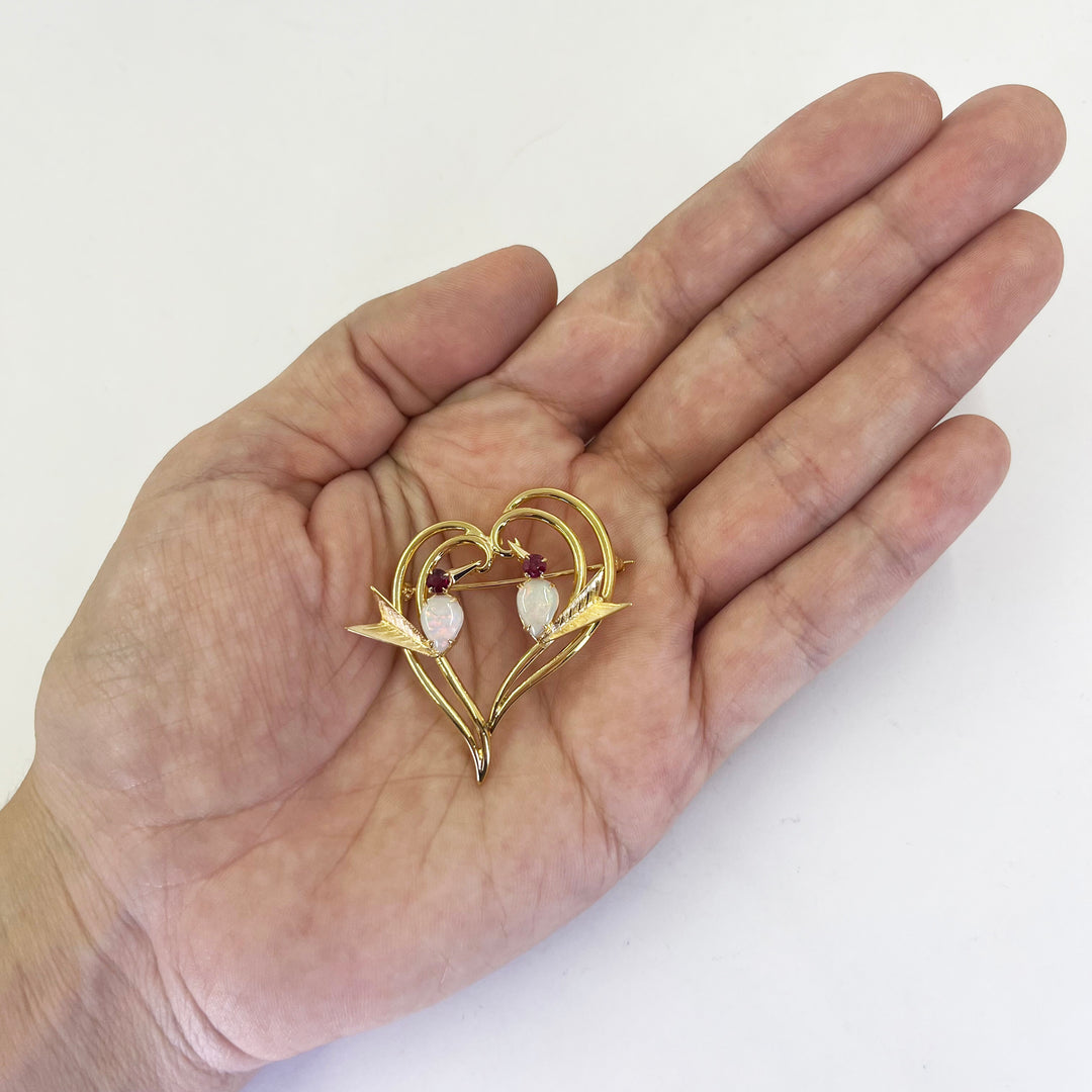 14K Yellow Gold Opal & Ruby Love Bird Heart Pin