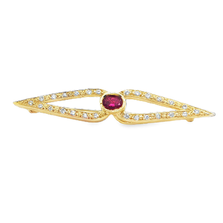 Vintage 18K Yellow Gold Ruby & Diamond Brooch