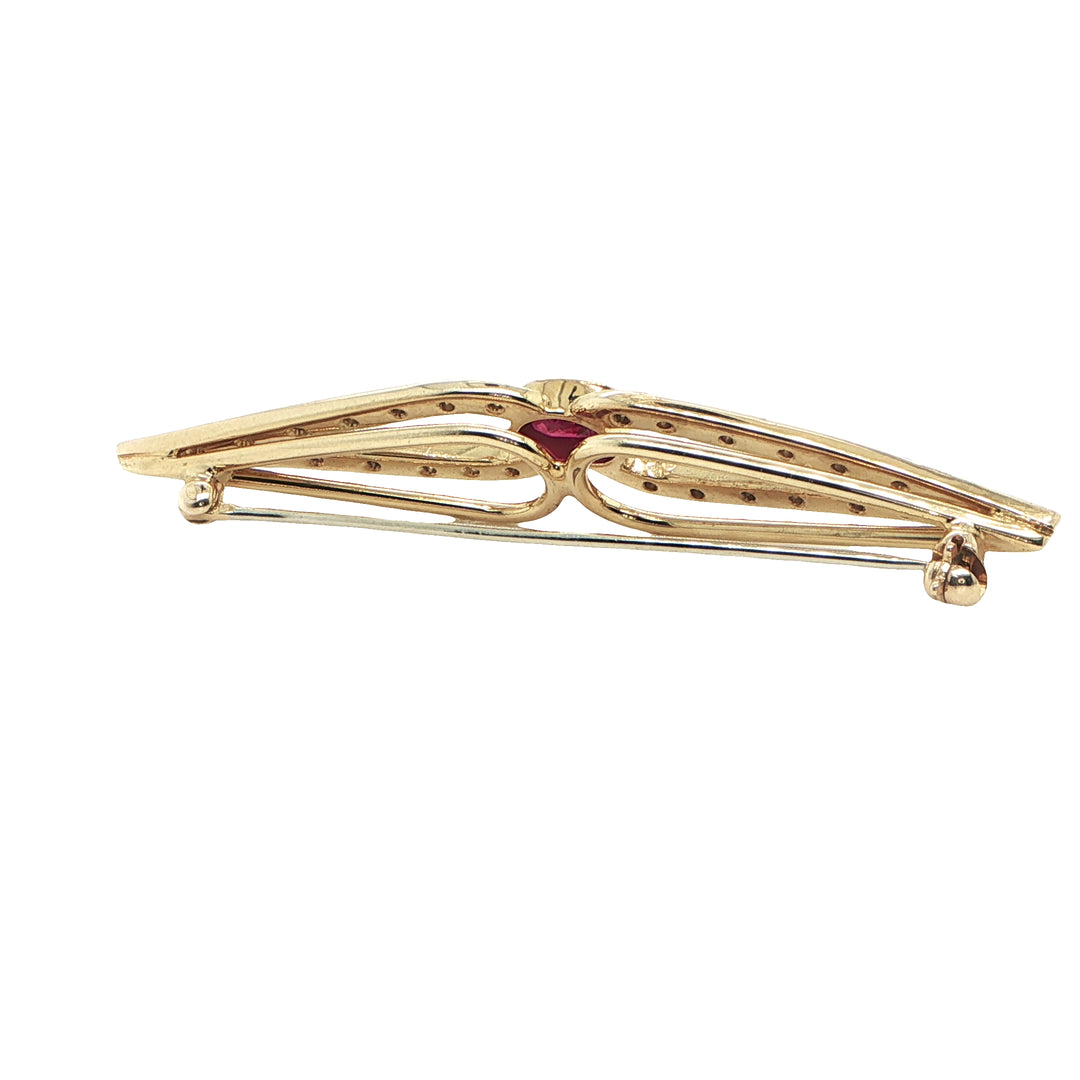 Vintage 18K Yellow Gold Ruby & Diamond Brooch