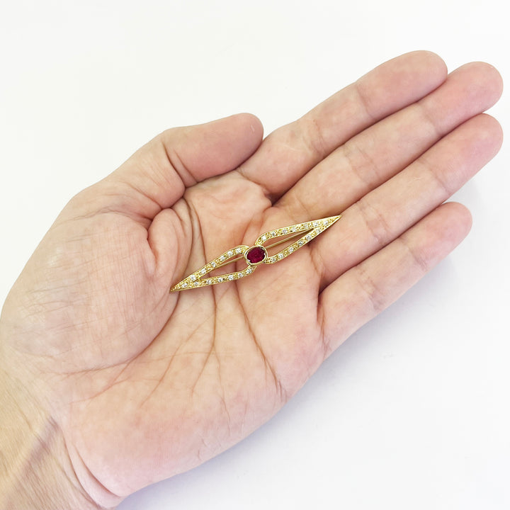 Vintage 18K Yellow Gold Ruby & Diamond Brooch