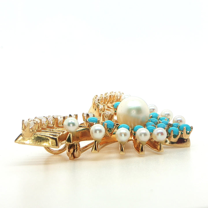 14K Yellow Gold Butterfly Pendant with Diamonds, Pearl & Turquoise