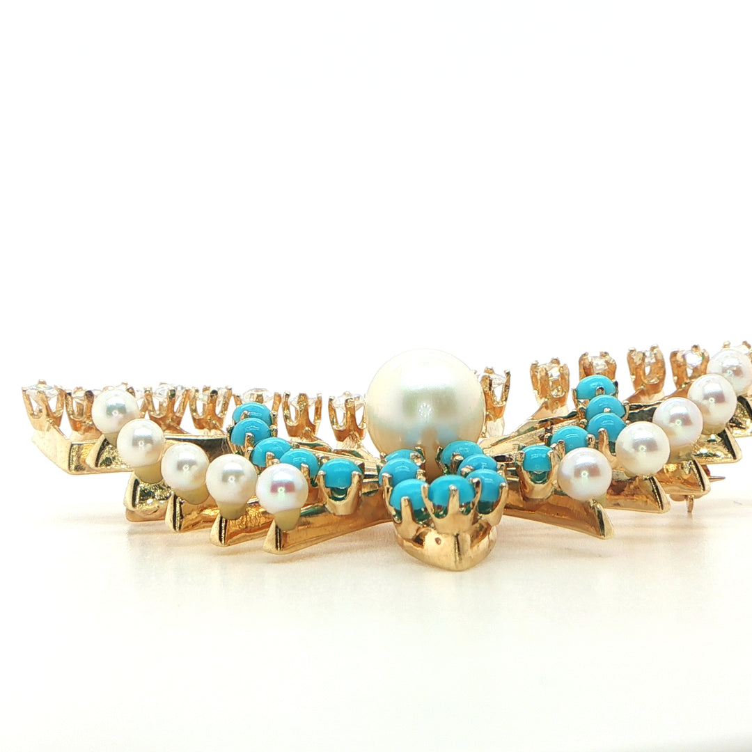 14K Yellow Gold Butterfly Pendant with Diamonds, Pearl & Turquoise