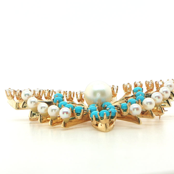 14K Yellow Gold Butterfly Pendant with Diamonds, Pearl & Turquoise