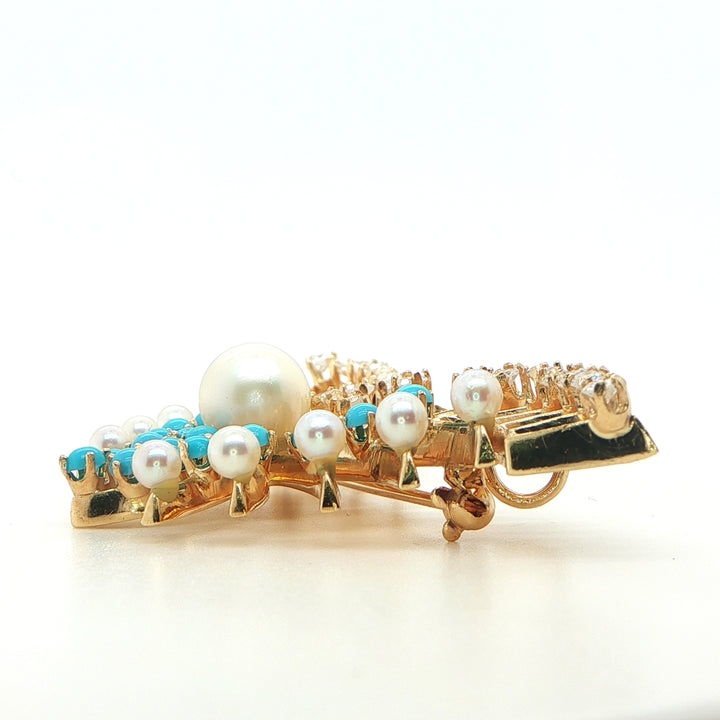 14K Yellow Gold Butterfly Pendant with Diamonds, Pearl & Turquoise