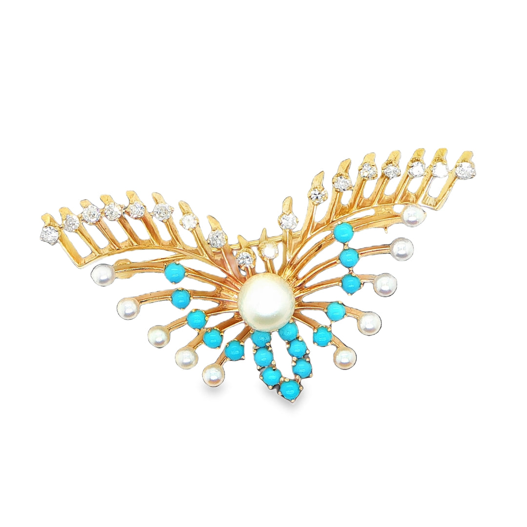 14K Yellow Gold Butterfly Pendant with Diamonds, Pearl & Turquoise