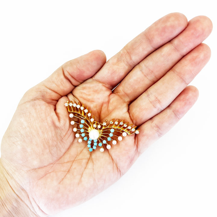 14K Yellow Gold Butterfly Pendant with Diamonds, Pearl & Turquoise