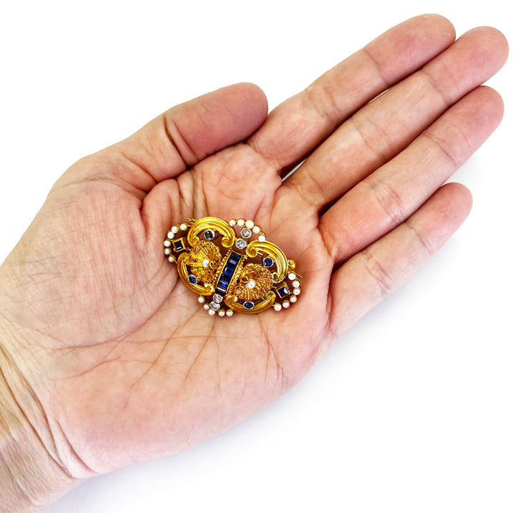 Antique 19K Yellow Gold Sapphire Pearl Diamond Pin