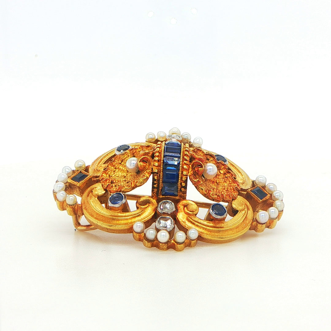 Antique 19K Yellow Gold Sapphire Pearl Diamond Pin