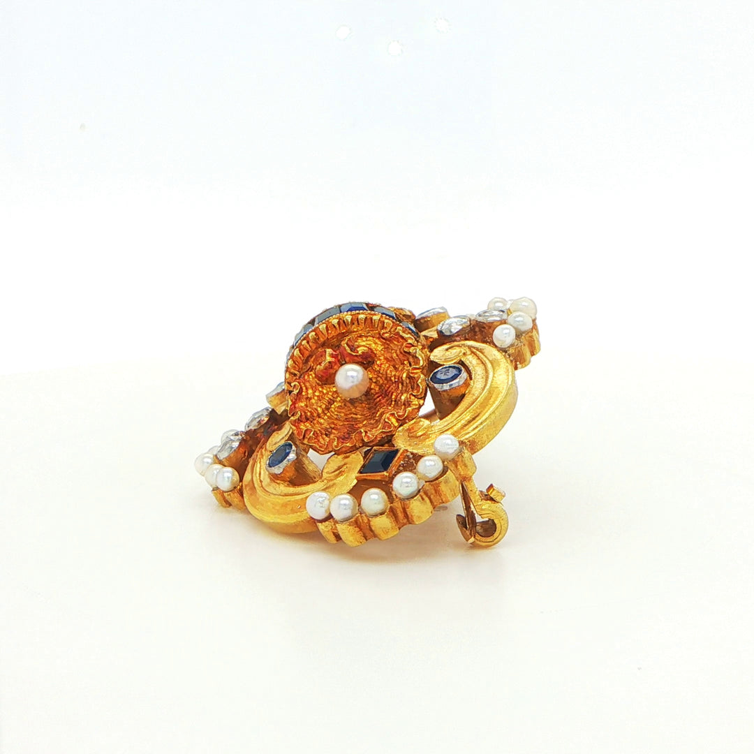 Antique 19K Yellow Gold Sapphire Pearl Diamond Pin