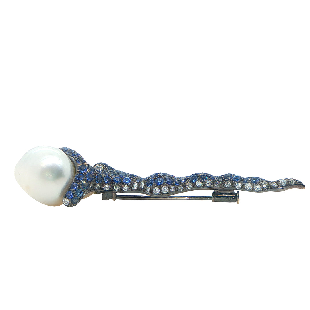 18K White Gold Baroque Pearl, Sapphire & Diamond Pin