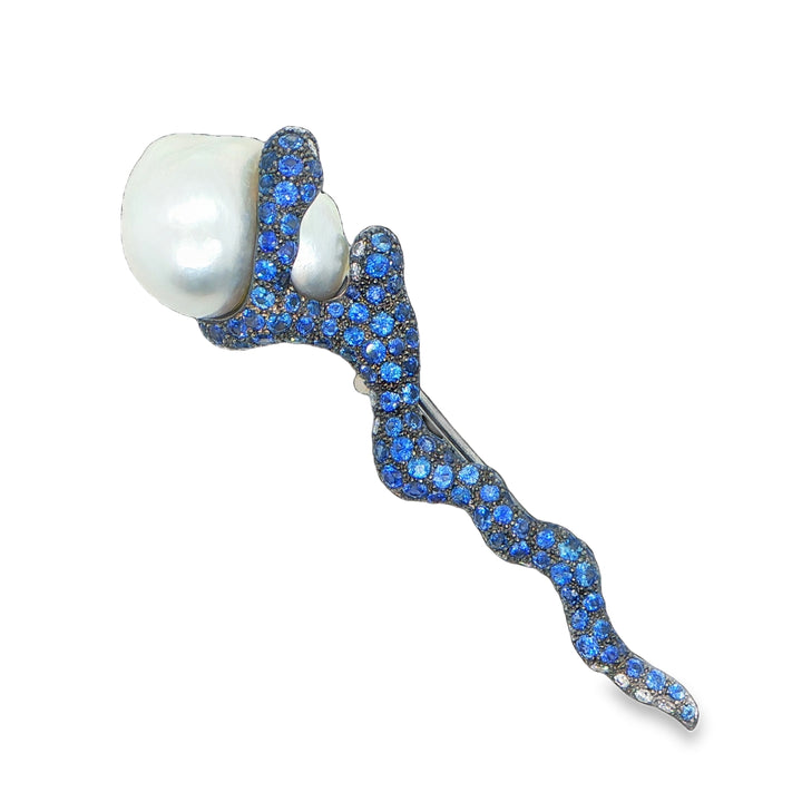 18K White Gold Baroque Pearl, Sapphire & Diamond Pin