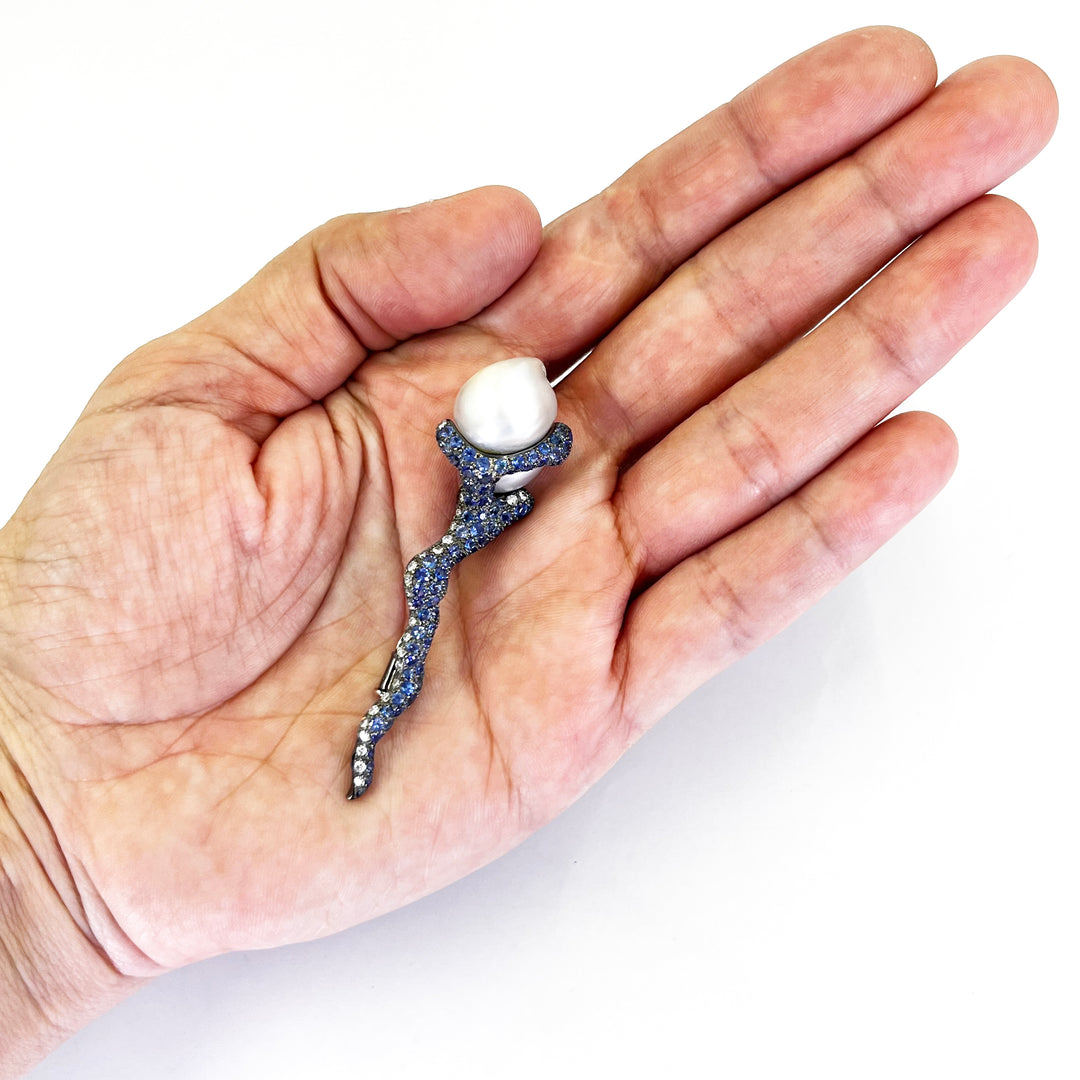 18K White Gold Baroque Pearl, Sapphire & Diamond Pin