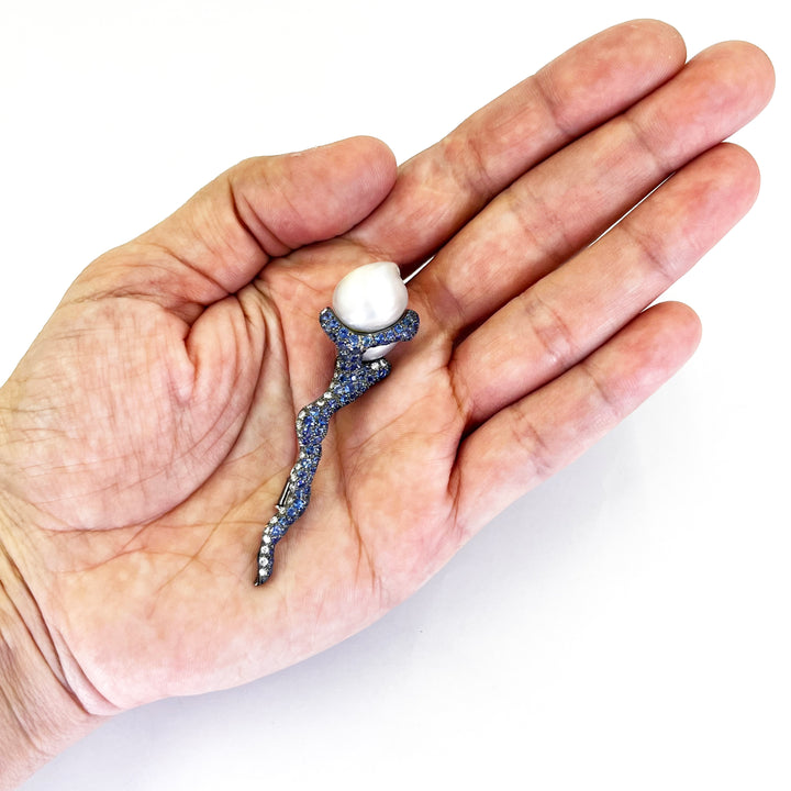18K White Gold Baroque Pearl, Sapphire & Diamond Pin