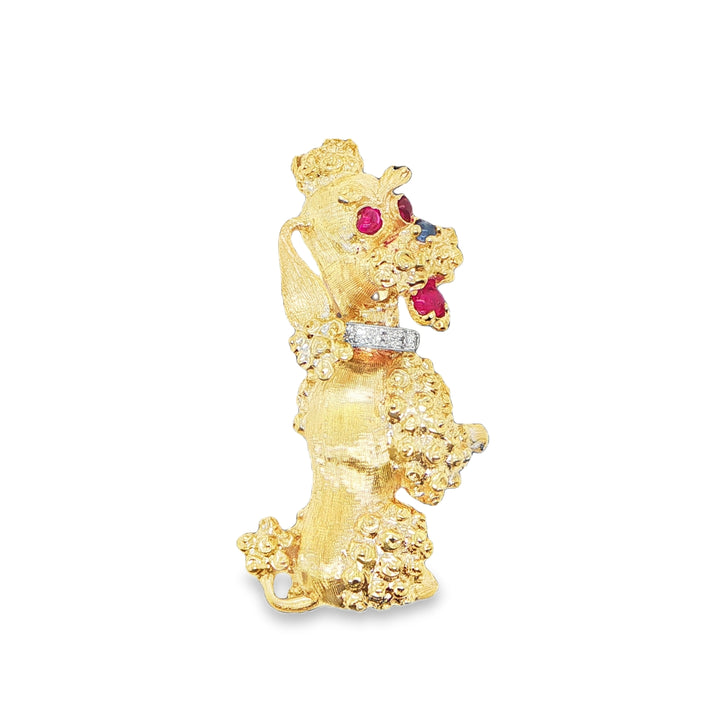 14K Yellow Gold Diamond & Ruby Poodle Dog Pin