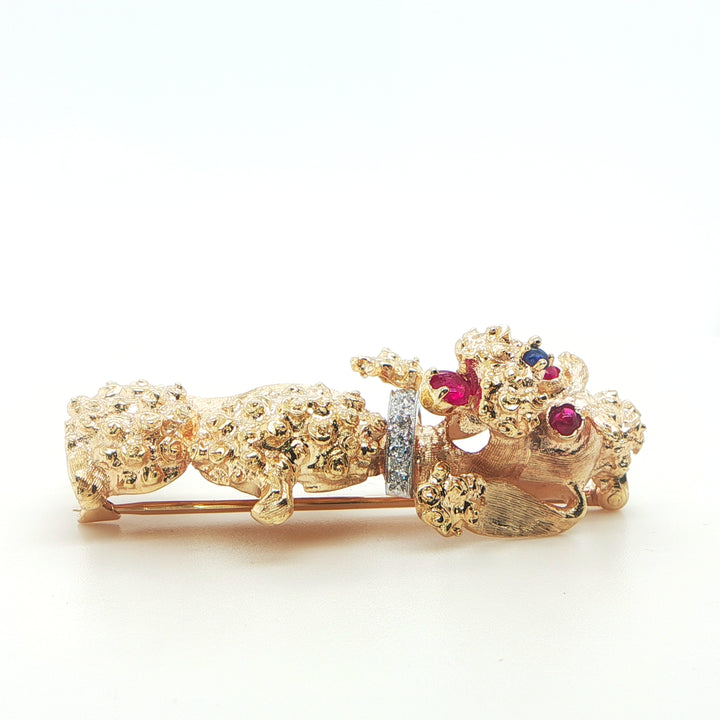 14K Yellow Gold Diamond & Ruby Poodle Dog Pin