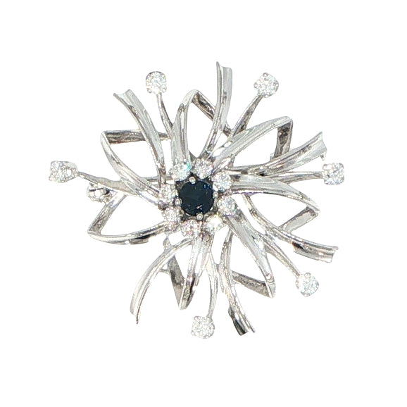 20K White Gold Sapphire & Diamond Floral Pin Pendant Brooch