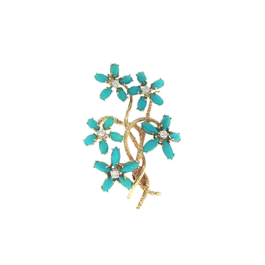 La Triomphe 18K Yellow Gold Floral Pin with Turquoise & Diamond Accents