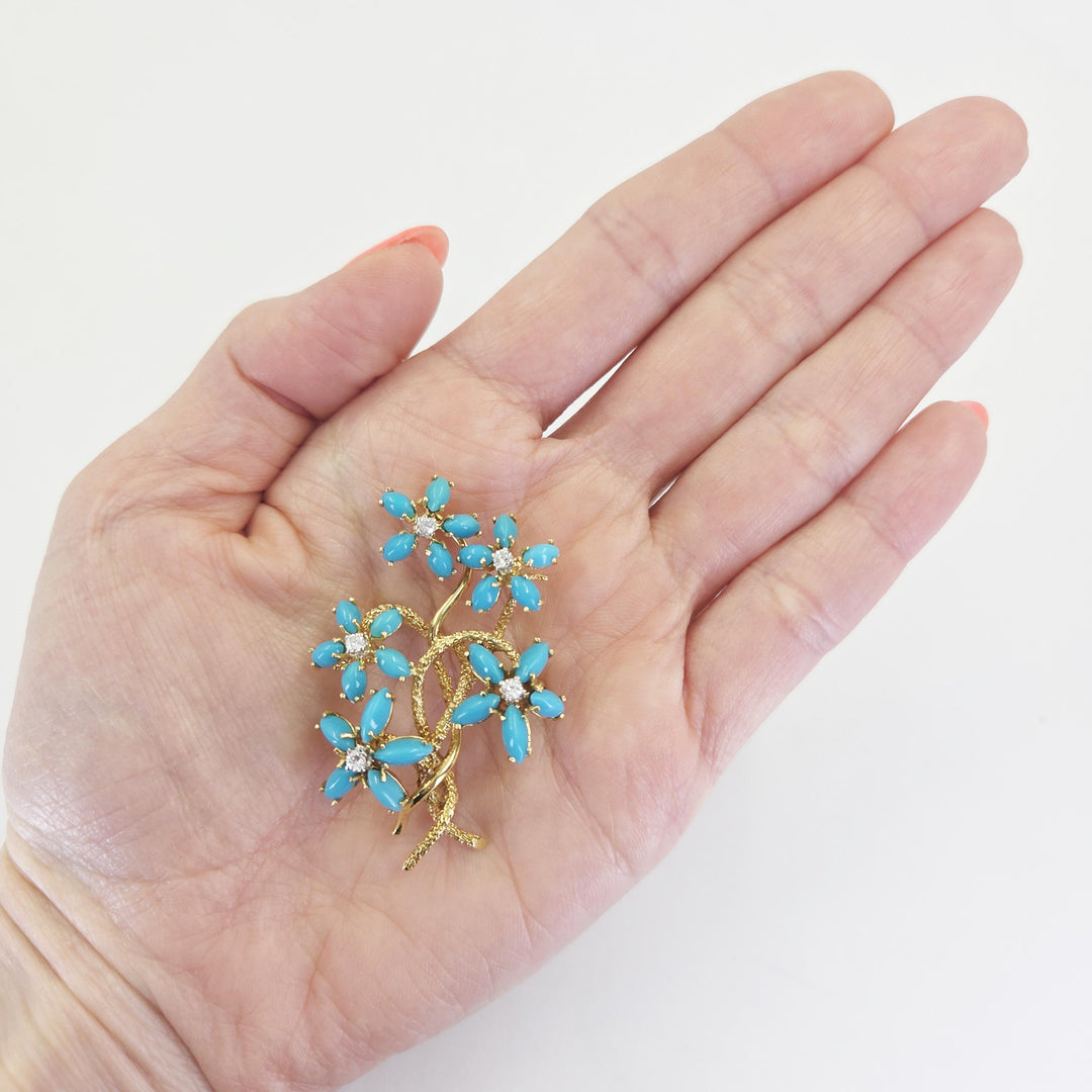 La Triomphe 18K Yellow Gold Floral Pin with Turquoise & Diamond Accents